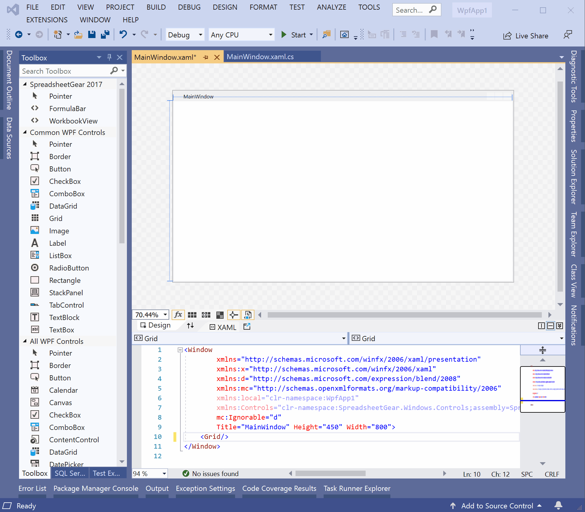 Animated screencapture of building a SpreadsheetGear WPF WorkbookView-based app in Visual Studio