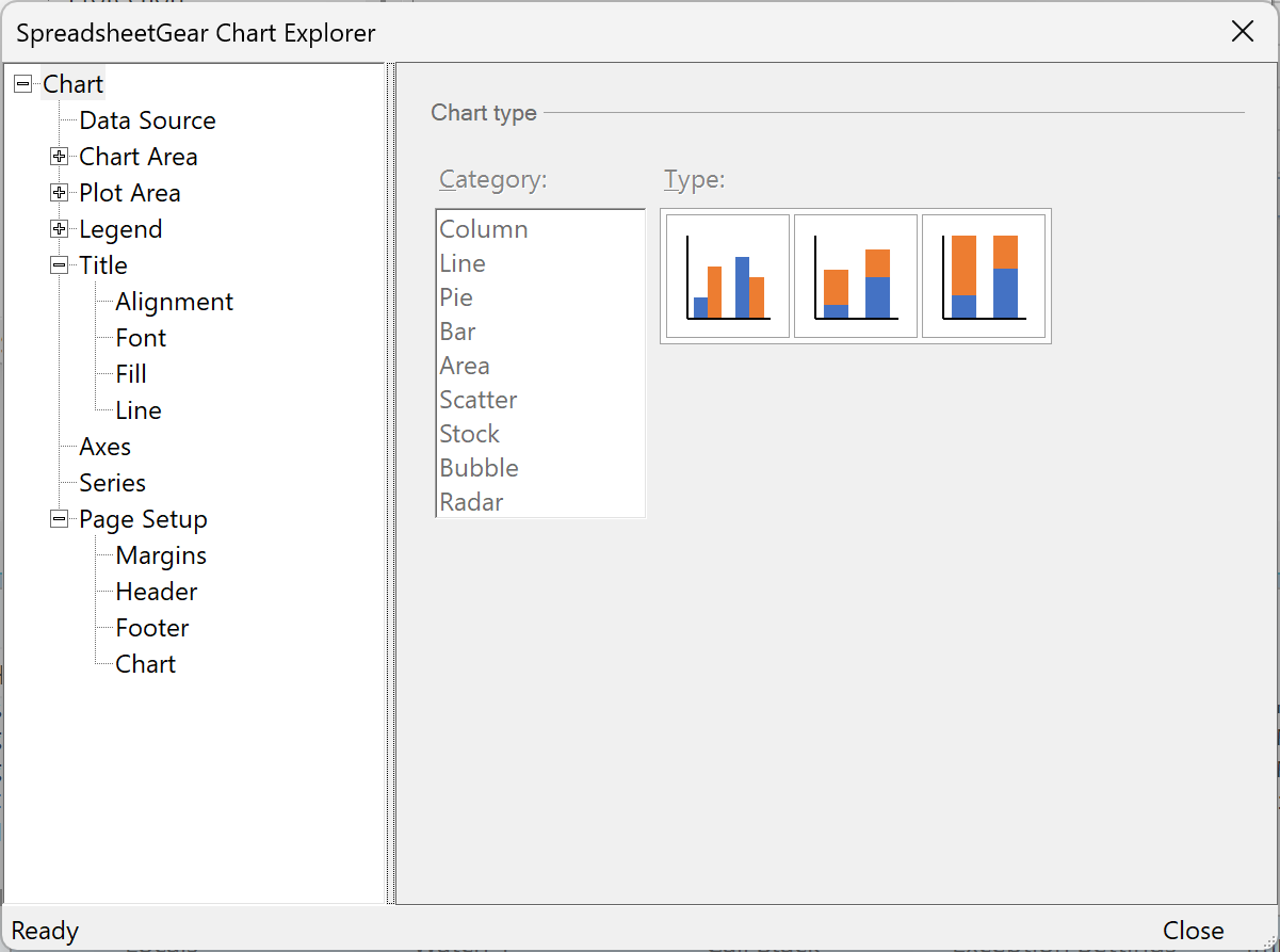 Screenshot of the SpreadsheetGear ChartExplorer.