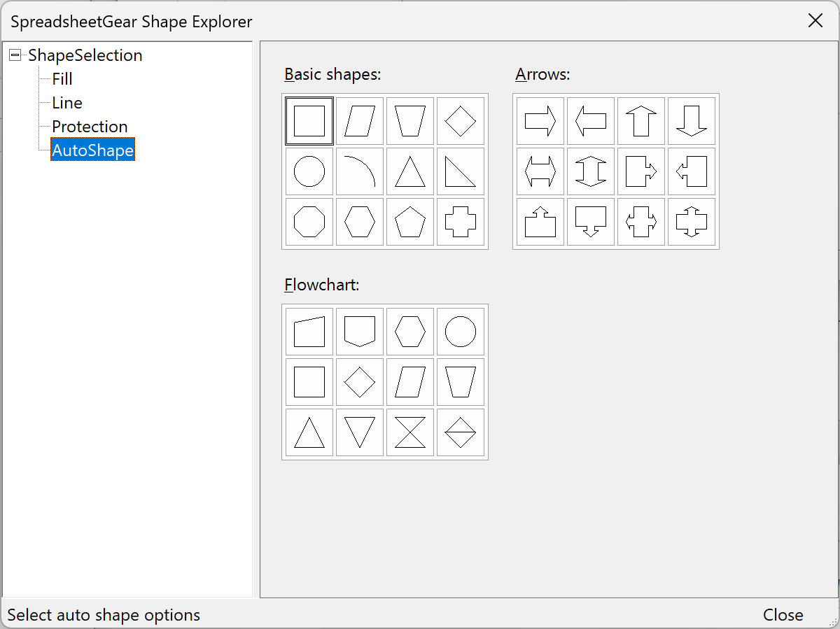 Screenshot of the SpreadsheetGear ShapeExplorer.