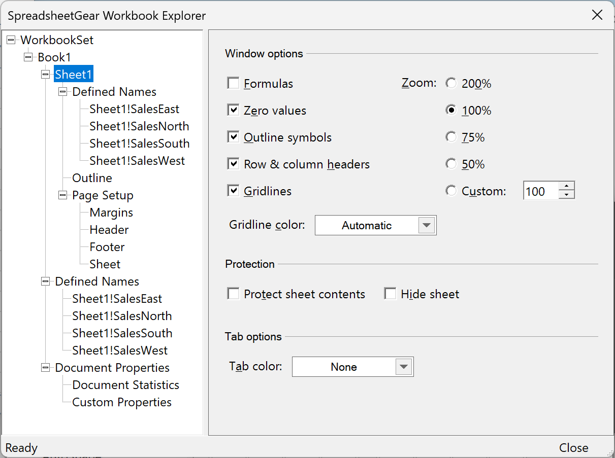 Screenshot of the SpreadsheetGear WorkbookExplorer.