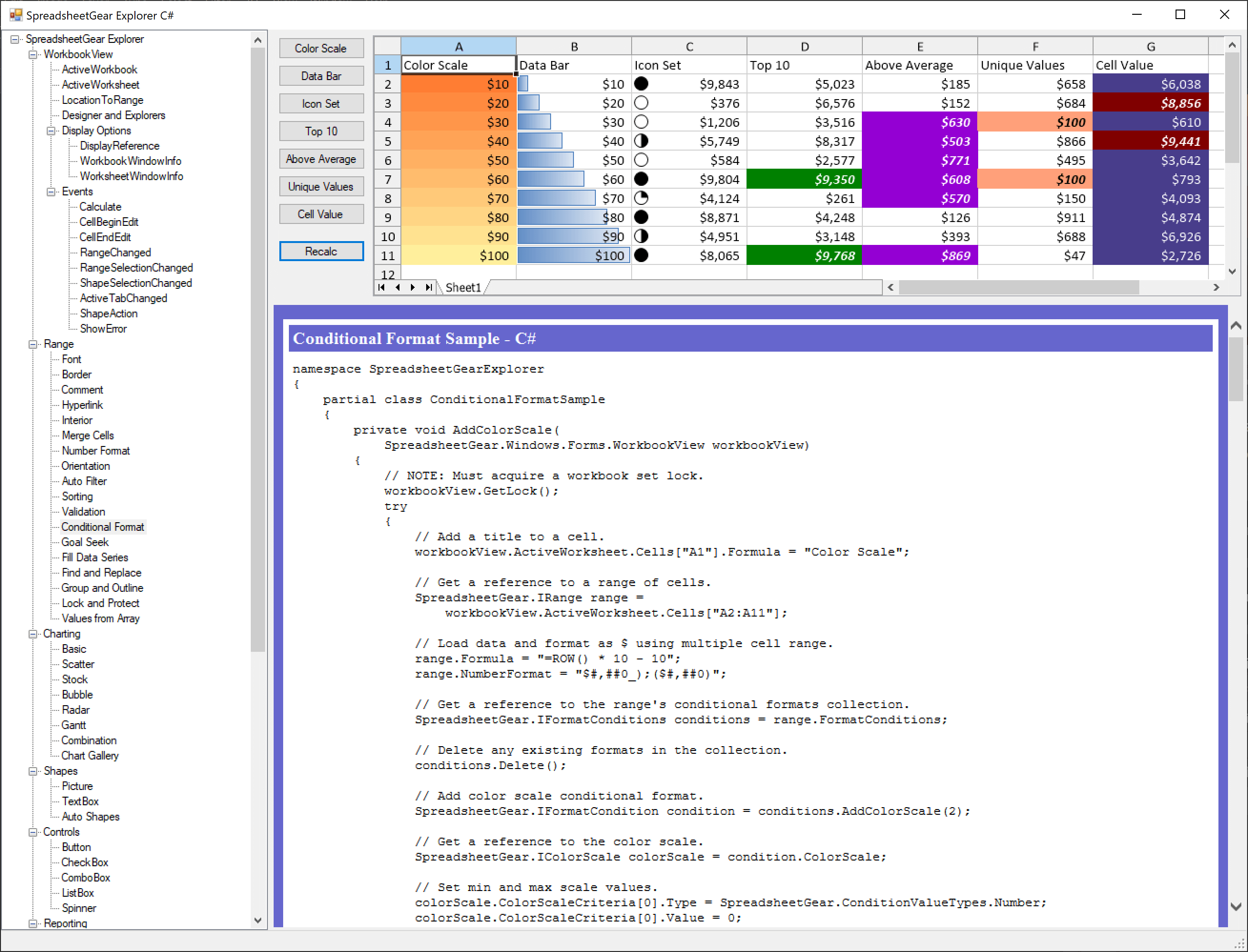 Screenshot of the SpreadsheetGear Explorer Sample Solutions
